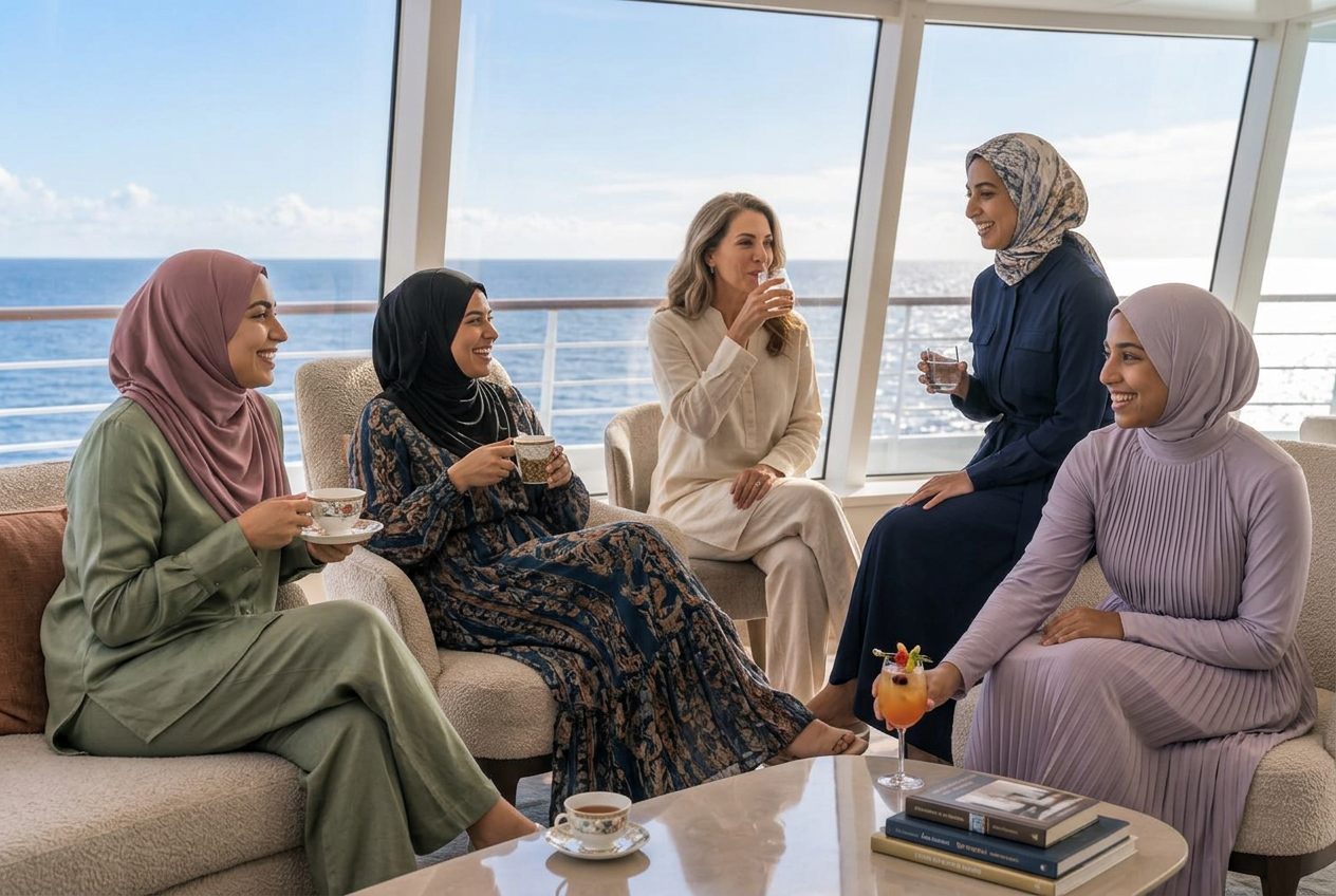 Women enjoying coffee and mocktails in an elegant ocean-view lounge