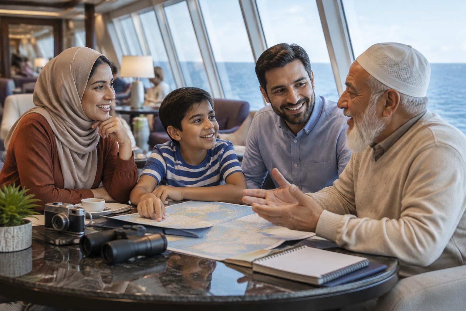 A family relaxing together in a panoramic lounge at sea