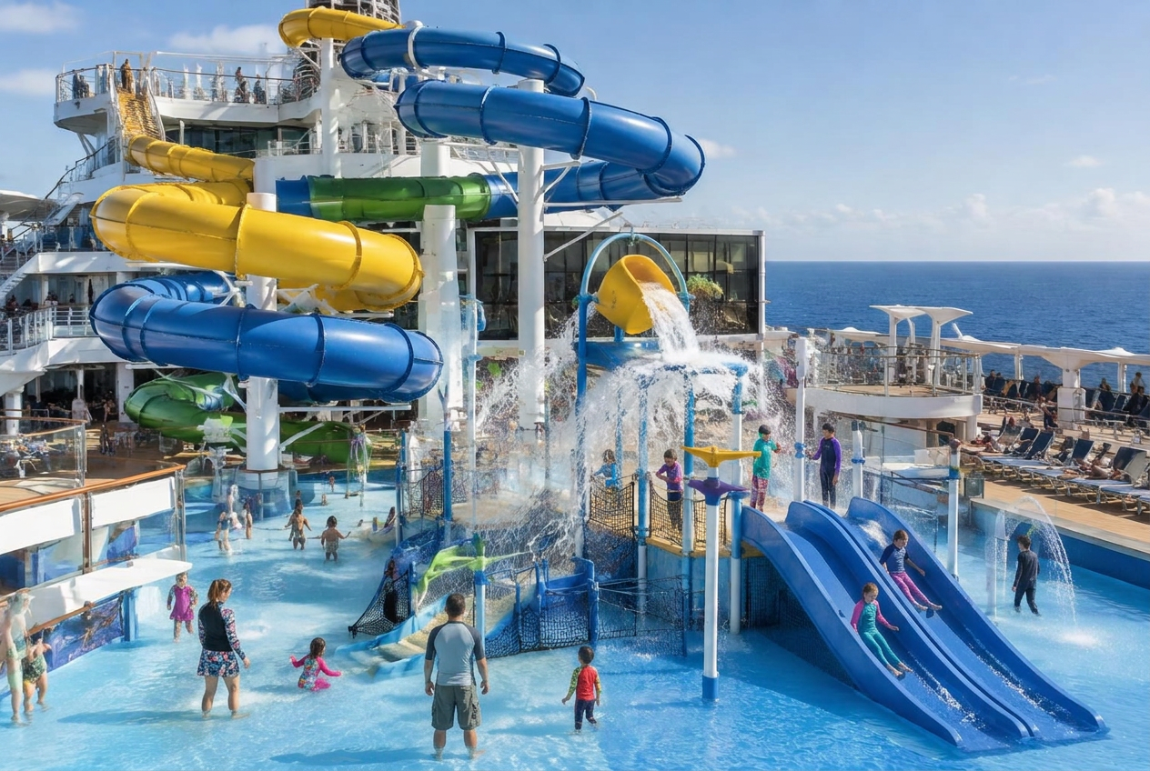 Water slides and aqua park aboard a large cruise ship