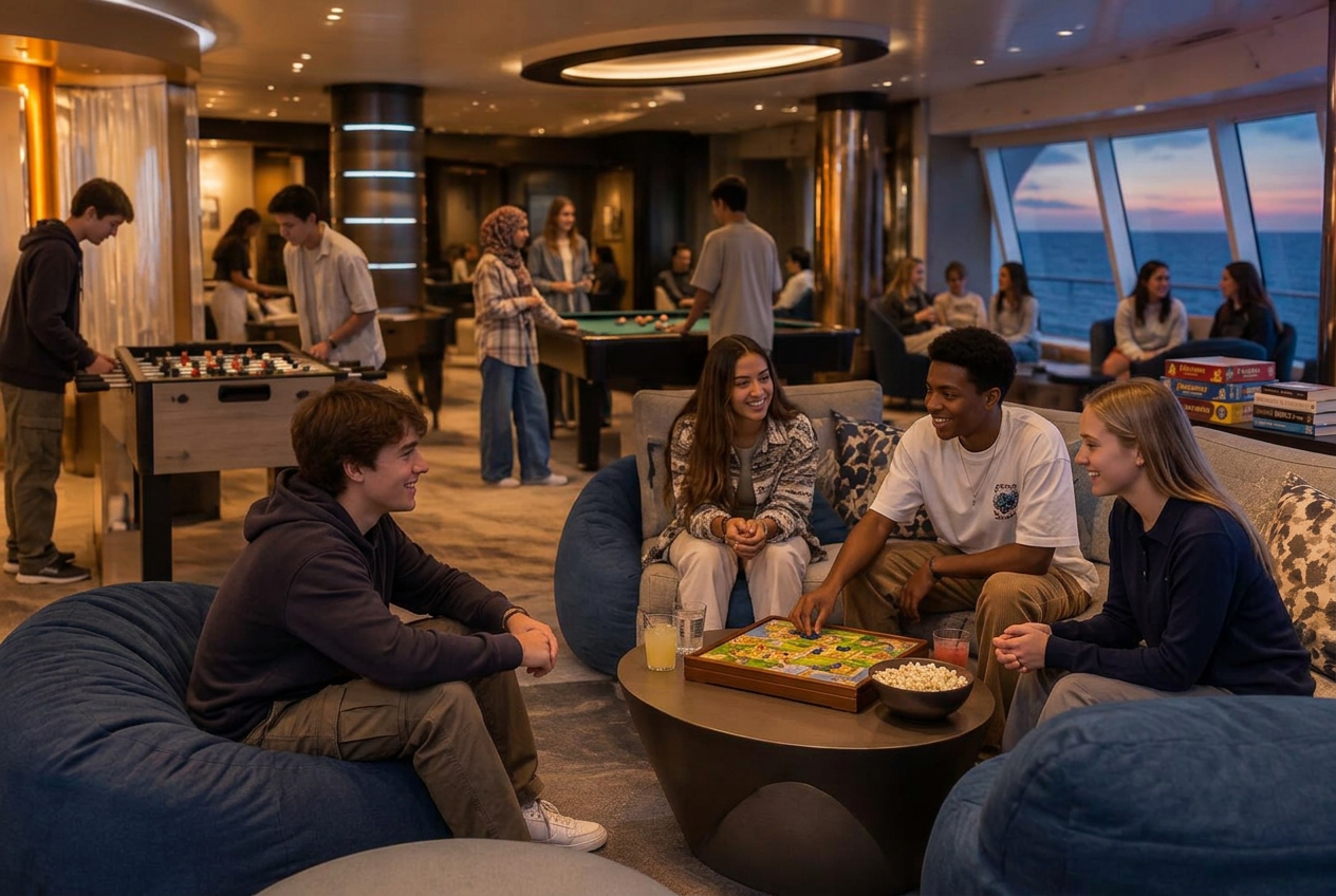Teenagers enjoying a dedicated gaming lounge at sea