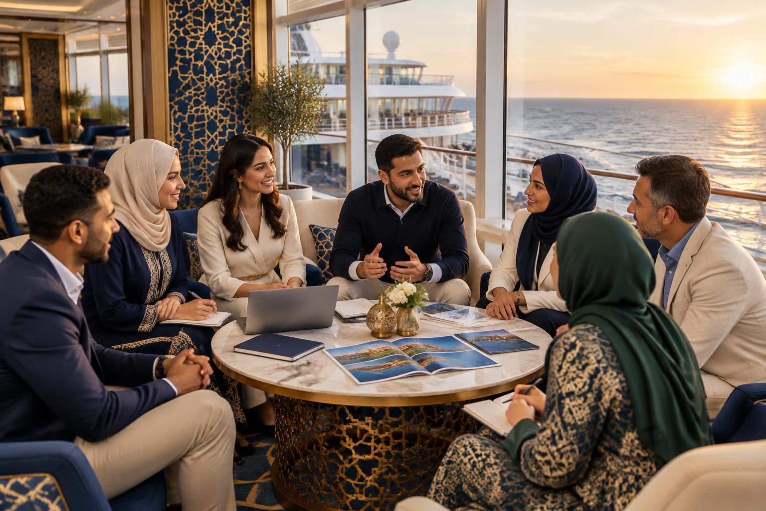 Travel professionals discussing family and group journeys in an ocean-view ship lounge